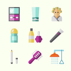 Icons about Beauty with hair curler, cream, hairbrush, bathing, eye pencil and brush