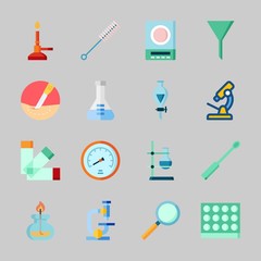 Icons about Laboratory with measuring, ladle, microscope, velocity, flask and funnel