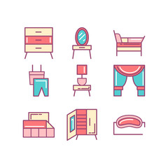 Bedroom thin line color icons set, vector illustration