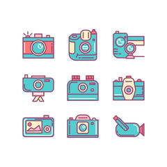 camera, video camera and more, thin line color icons set, vector illustration