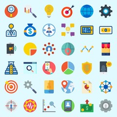 Icons about Marketing with line graph, search, targeting, smartphone, worldwide and shield