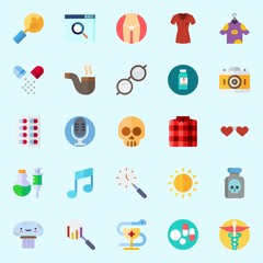 Icons about Hippies with mushroom, skull, sunglasses, shirt, pill and microphone