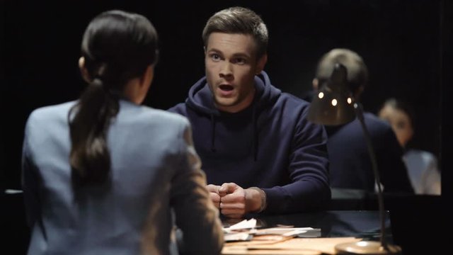 Interrogating lady pressing criminal man and he denying guilt, bad cop technique