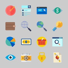 Icons about Commerce with money, search, padlock, photo camera, wallet and pie chart