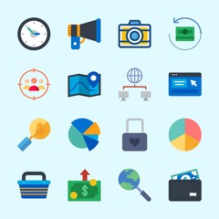 Icons about Commerce with search, pie chart, target, online shop, wallet and shopping basket