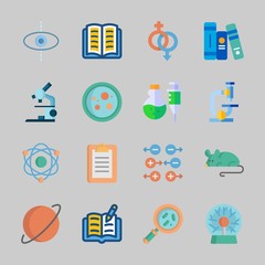 Icons about Science with books, petri dish, gravity, atom, plasma ball and planet