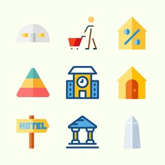 Icons about Construction with percentage, store house, shopping, pyramid, school and washington monument