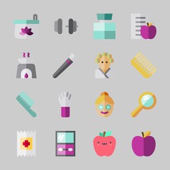 Icons about Beauty with dumbbell, aromatherapy, diet, eye shadow, cologne and face