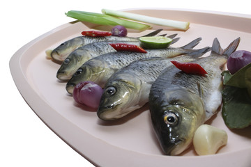 5 Raw Freshwater Fish In Classy Plate, With Garlic, Onion, Leek, Chili And Lime 3