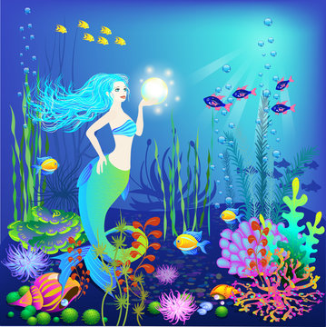 Underwater world, little mermaid, fishes, sea plants and a pearl