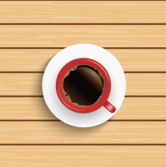Realistic top view red coffee cup on wooden table.