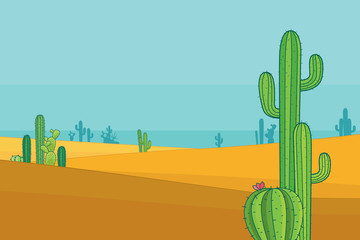 Desert with cactus and blue sky. Vector illustration of landscape background © Manovector
