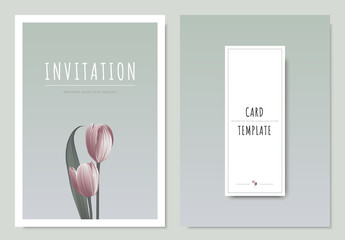 Pink tulip flower with leaf, minimal invitation card template design