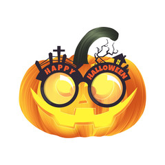 Carved Halloween pumpkin head jack lantern wearing Halloween party glasses