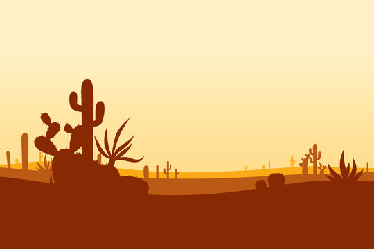 Desert with cactus and sunset scenic. Vector illustration of landscape background