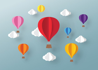 Ballon and Cloud in the  blue sky with paper art design , vector design element  and illustration
