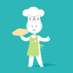 Vector illustration of white man. Funny chef preparing pizza dish in the kitchen. Flat character