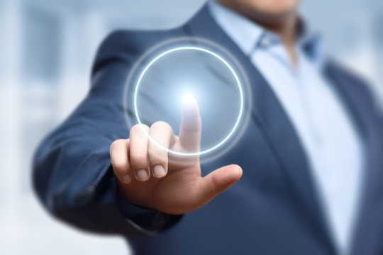 Businessman pressing button. Innovation technology internet business concept. Space for text