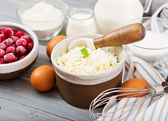 Ingredients for the preparation of cottage cheese casserole with cherries. Tasty breakfast