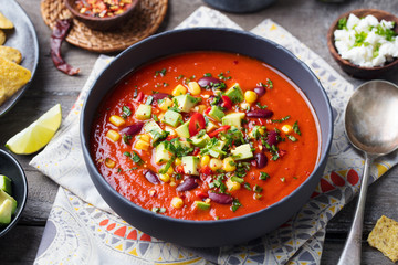 Mexican tomato, bean, bell pepper soup