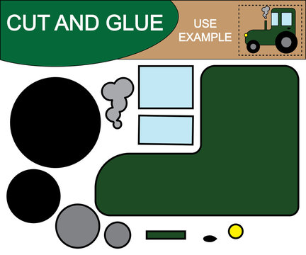 Tractor. Use scissors and glue to create the image of tractor. Paper game for preschool children.