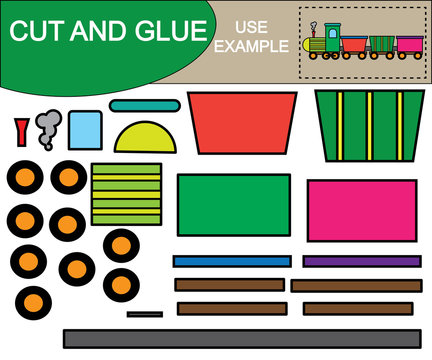 Create the image of train using scissors and glue. Kid’s game. Vector illustration.