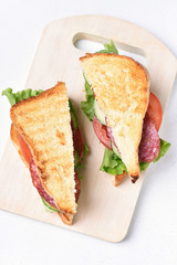 Sandwiches with salami, tomatoes, cucumber and lettuce