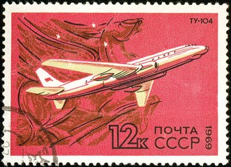 Ukraine - circa 2018: A postage stamp printed in USSR show Aircraft Tupolev Tu-104. 1955. Pegasus. Was a twinjet medium-range narrow-body turbojet-powered Soviet airliner. Circa 1969.