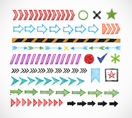 Set of colored doodle arrow dividers, pointers, danger tape and design elements