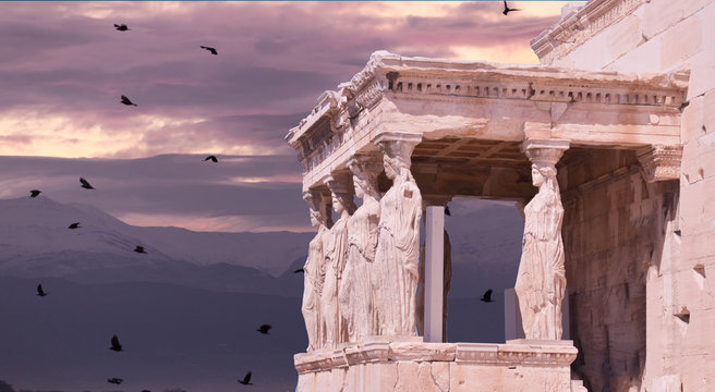 parthenon in Athens greece ancient monuments caryatids black birds