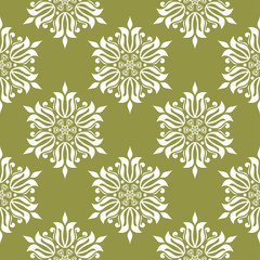 White floral seamless pattern on olive green background