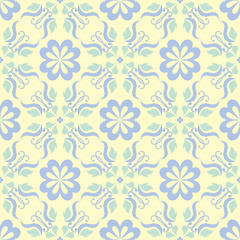 Floral seamless background. Blue and green flower pattern on beige backdrop