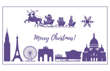 Fototapeta premium Santa Claus in sleigh flying over buildings.