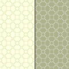 Olive green geometric ornaments. Set of seamless patterns