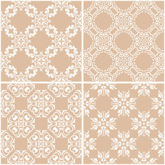 Floral patterns. Set of beige and white seamless backgrounds