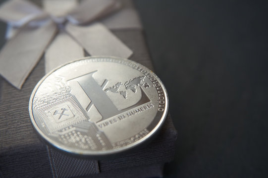 Silver litecoin lying on the euro banknotes