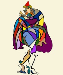 sketch of a stylized color theatrical harlequin, card joker Graphic, sketch drawing.