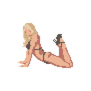 Pixel girl in swimsuit, vector silhouette, avatar.