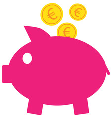 Euro currency icon or logo vector on coins entering a piggy bank. Symbol for European Union bank, banking or Europe Eurozone finances