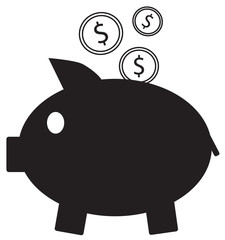 Dollar currency icon or logo vector on coins entering a piggy bank. Symbol for United States of America bank, banking or American finances