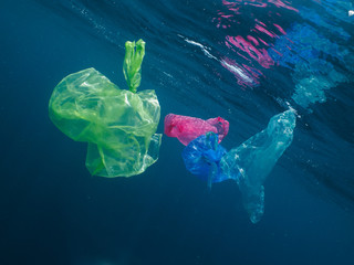 Colorful polyethylene plastic bags floating in the blue ocean.