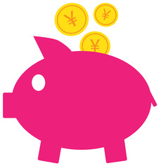 Yen, Yuan or Renminbi currency icon or logo vector on coins entering a piggy bank. Symbol for Japanese or Chinese bank, banking or Japan and China finances