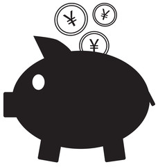 Yen, Yuan or Renminbi currency icon or logo vector on coins entering a piggy bank. Symbol for Japanese or Chinese bank, banking or Japan and China finances