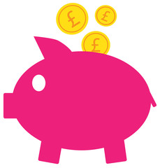 Pound Sterling currency icon or logo vector on coins entering a piggy bank. Symbol for United Kingdom or Great Britain and England bank, banking or British and English finances