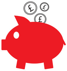 Pound Sterling currency icon or logo vector on coins entering a piggy bank. Symbol for United Kingdom or Great Britain and England bank, banking or British and English finances