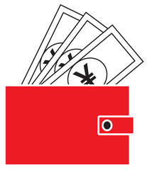 Yen, Yuan or Renminbi currency icon or logo vector on notes popping out of a wallet. Symbol for Japanese or Chinese bank, banking or Japan and China finances