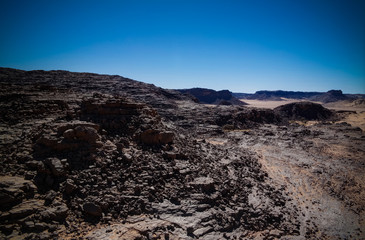 Aerial panoramic view to El Berdj mountain and erg gorge in Tassili nAjjer national park, Algeria