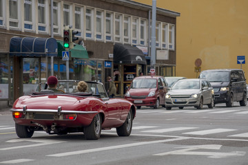 Beautiful red convertible car on the street in Turku, Finland