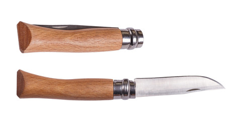 Foldable knife with wooden handle isolated on white background. Folded and unfolded. Set of 2.