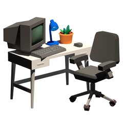 Office work station on isolated white background. Low Poly 3D Illustration